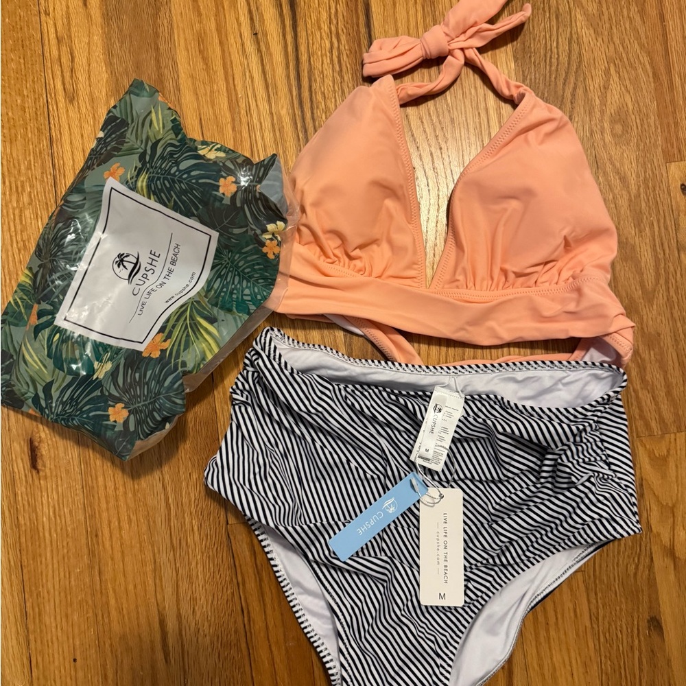 Tummy Control Two Piece High Waisted Bikini Set-Coral Pink Stripe